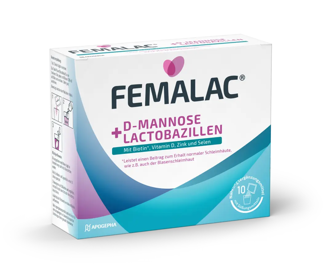 Packshot von FEMALAC® D-Mannose + Lactobazillen.